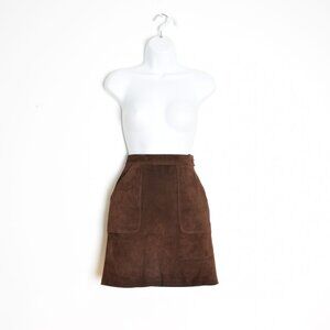 brown suede leather mini skirt high waisted hippie boho short gogo pockets XS 2